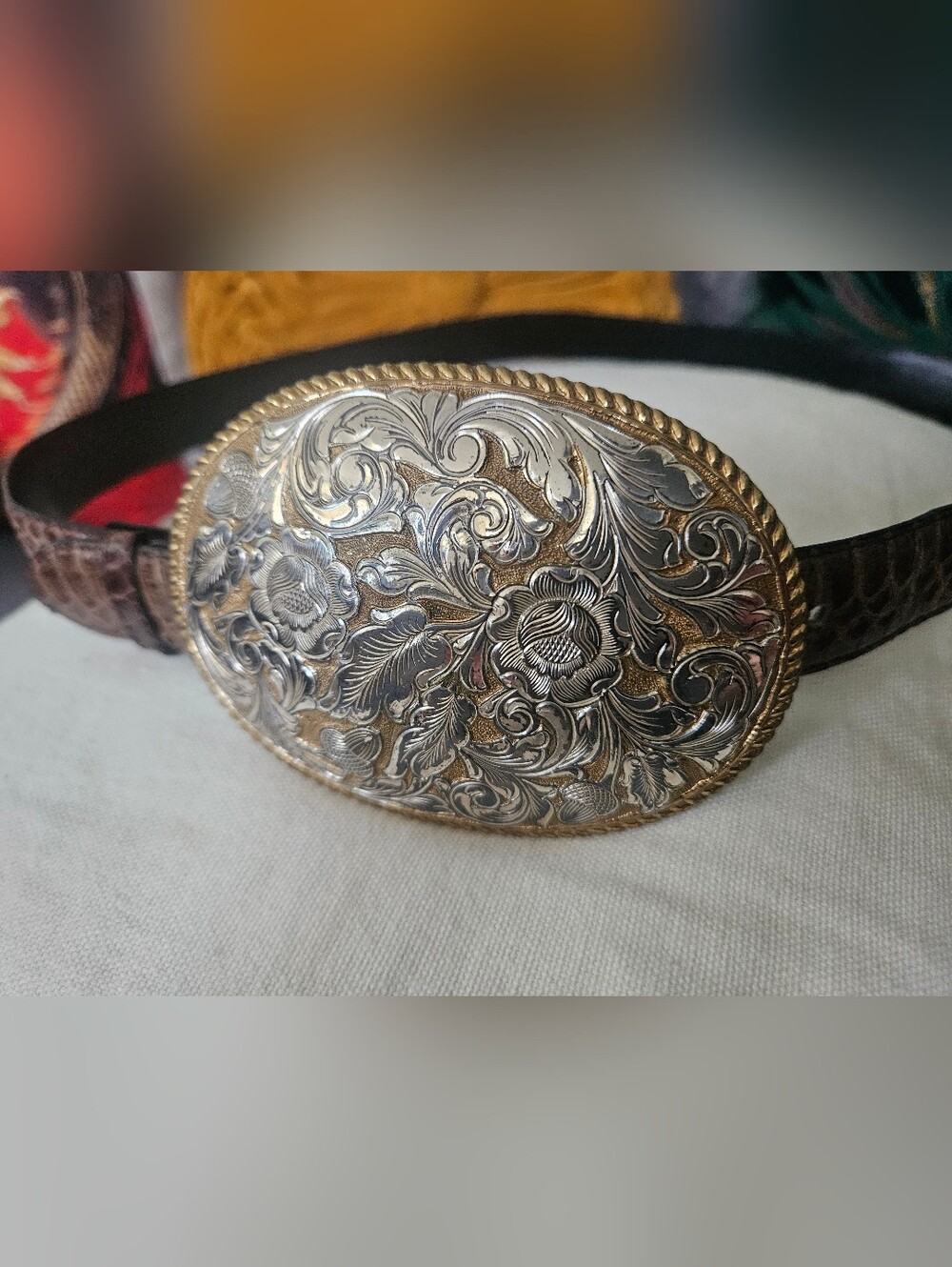 Vintage Genuine Snakeskin Belt With Crumrine Ornate Heavy Silver Ovr Bronze Belt - Picture 3 of 16